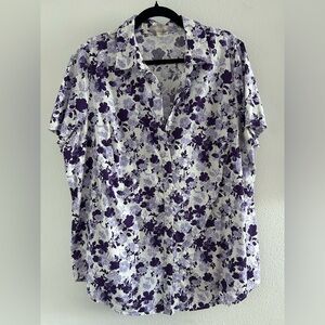 Woman Within White Blouse with Purple Floral Print